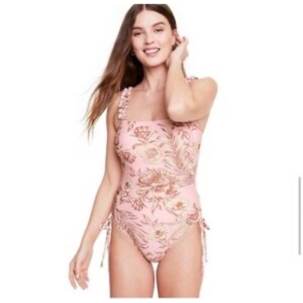 Agua Bendita x Target Pink Floral One Piece Swimsuit Ruffle Strap Side Tie L